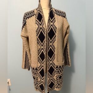 Lucky Brand Aztec Print Beige and Blue Women's Open Cardigan